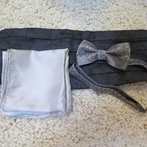 SILK Dark Grey Silver Paisley Cummerbund Bow Tie Wedding Tuxedo
